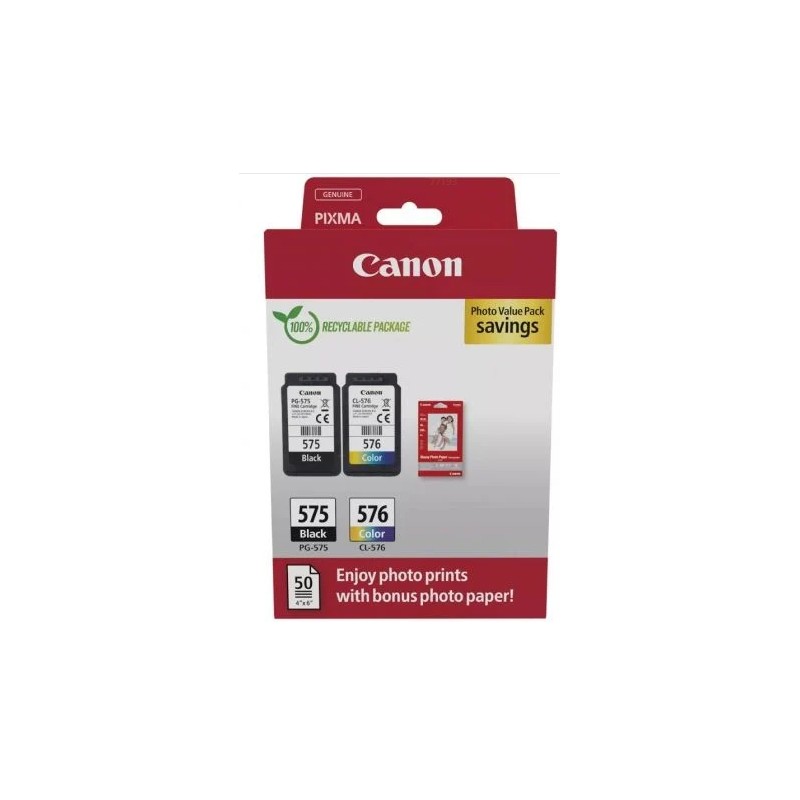 Cartucho de tinta original Canon PG-575 + CL-576 Multipack / Preto / Tricolor + Papel fotográfico